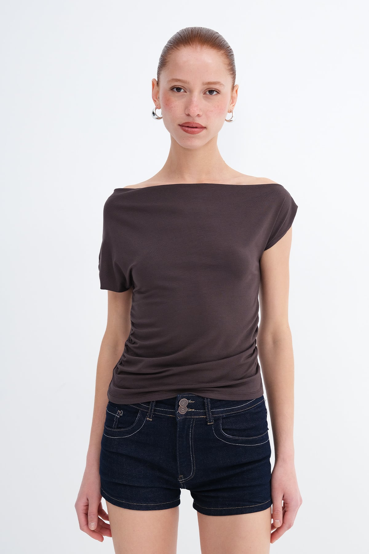 Soft-Brown_Boat-Neck-Ruched-T-Shirt-addax