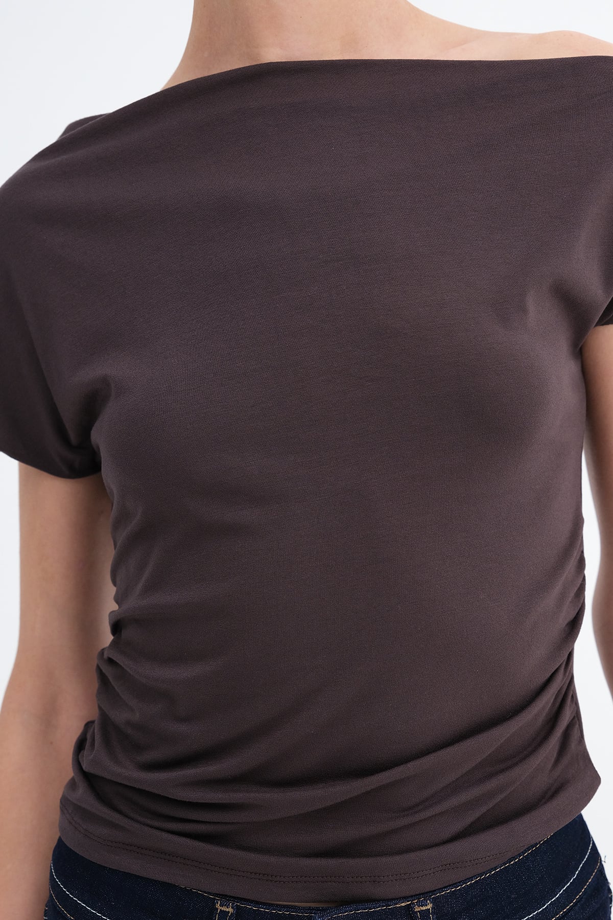 Soft-Brown_Boat-Neck-Ruched-T-Shirt-addax