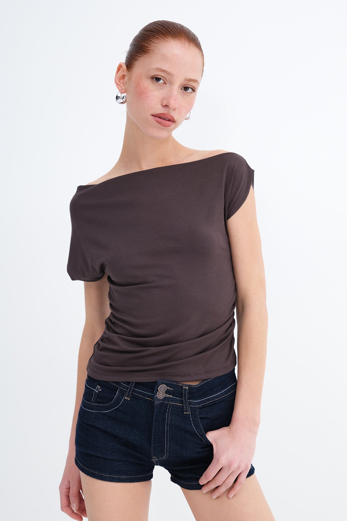 Soft-Brown_Boat-Neck-Ruched-T-Shirt-addax