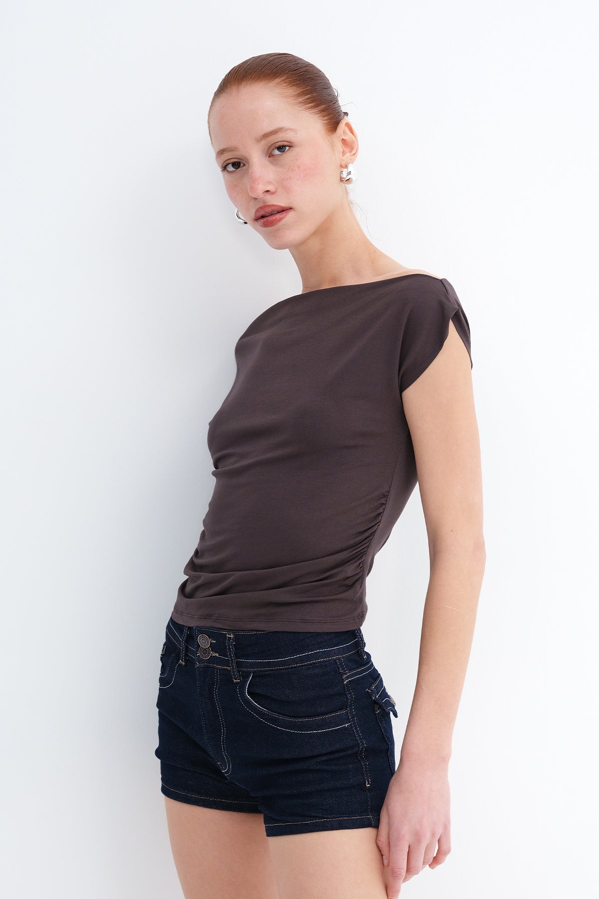 Soft-Brown_Boat-Neck-Ruched-T-Shirt-addax