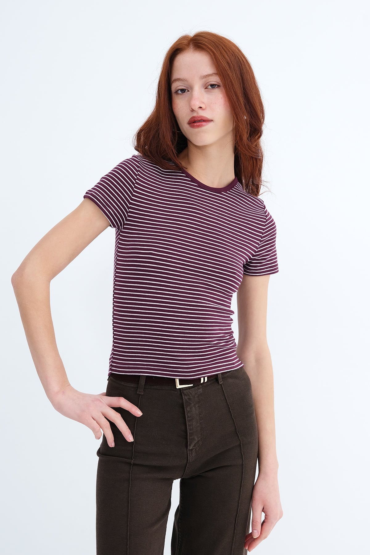 Burgundy---Ecru_Striped-Short-Sleeve-T-Shirt-addax