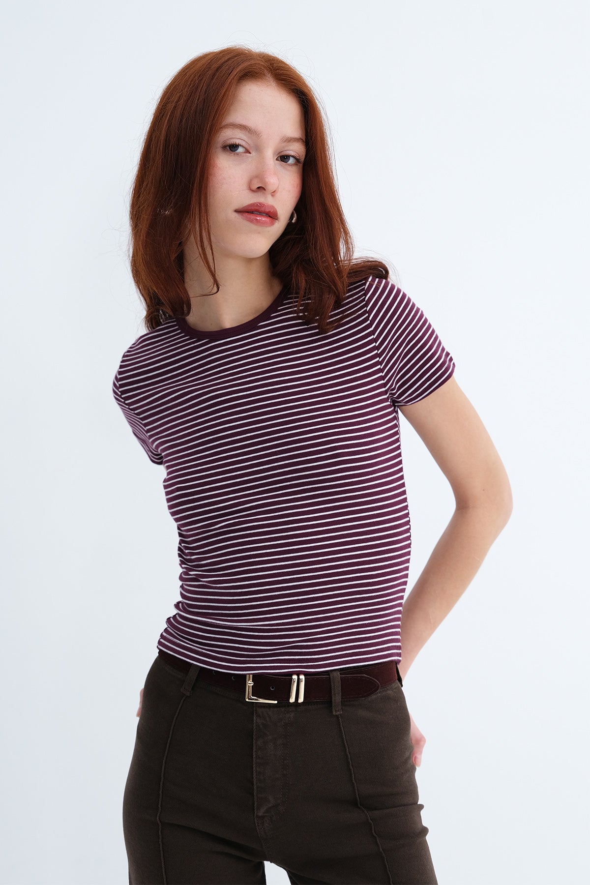 Burgundy---Ecru_Striped-Short-Sleeve-T-Shirt-addax