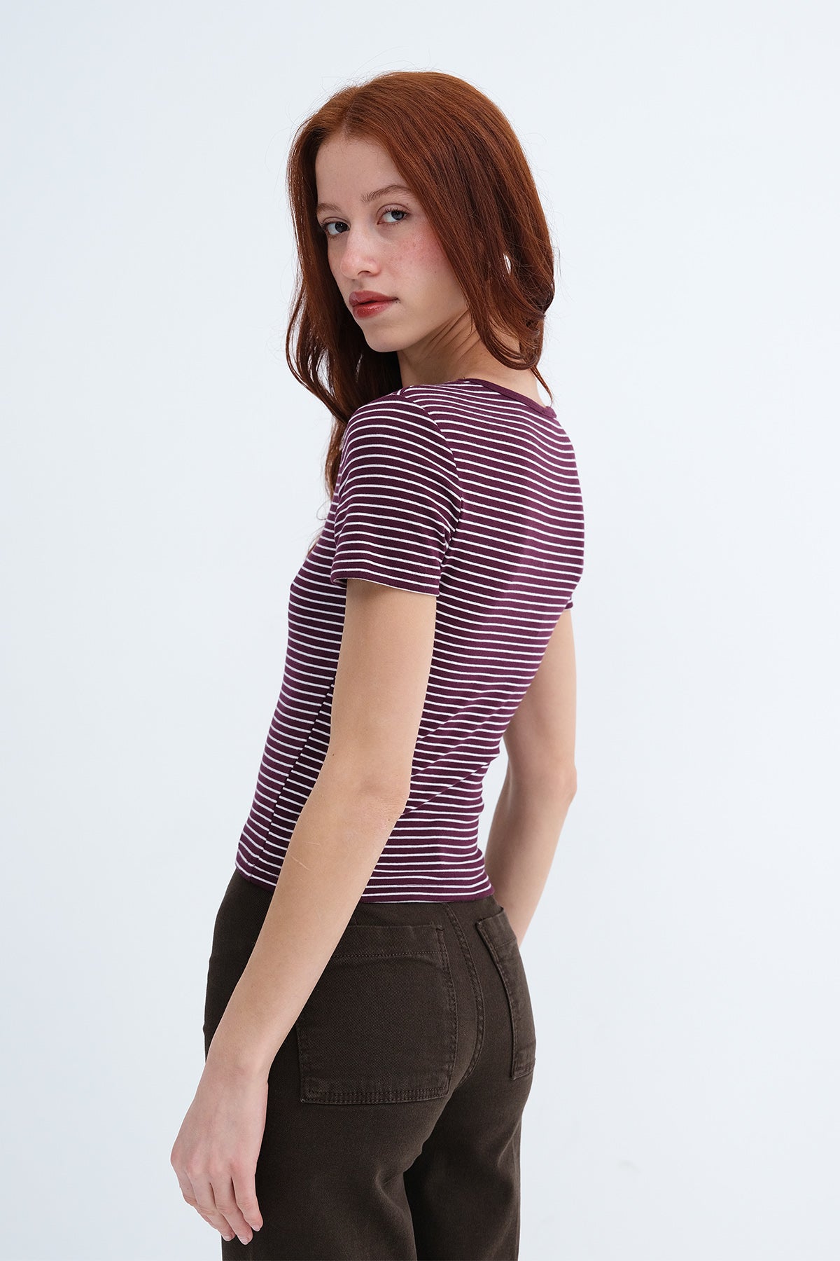 Burgundy---Ecru_Striped-Short-Sleeve-T-Shirt-addax