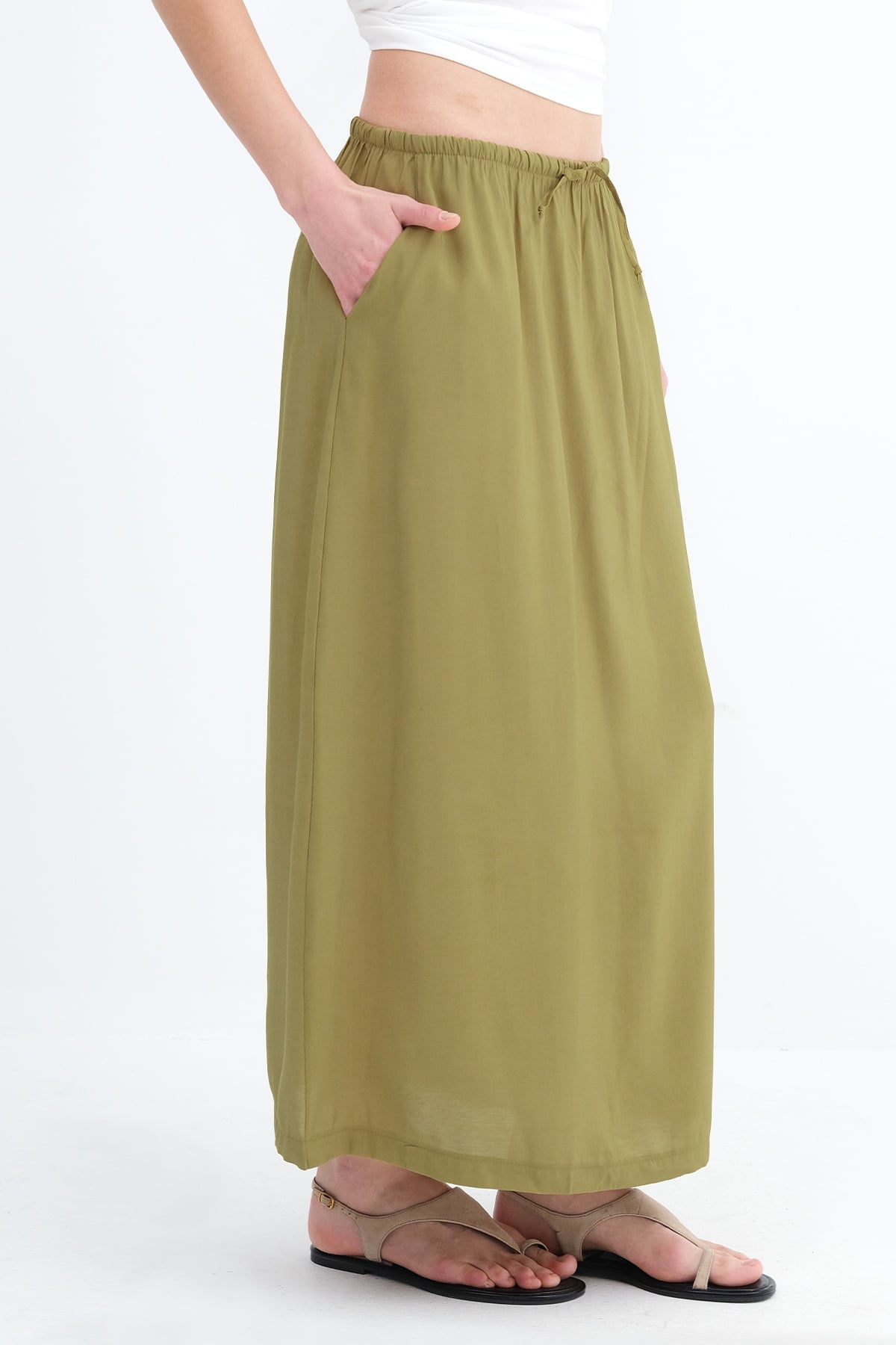 Oil-Green_Elastic-Waist-Long-Skirt-addax