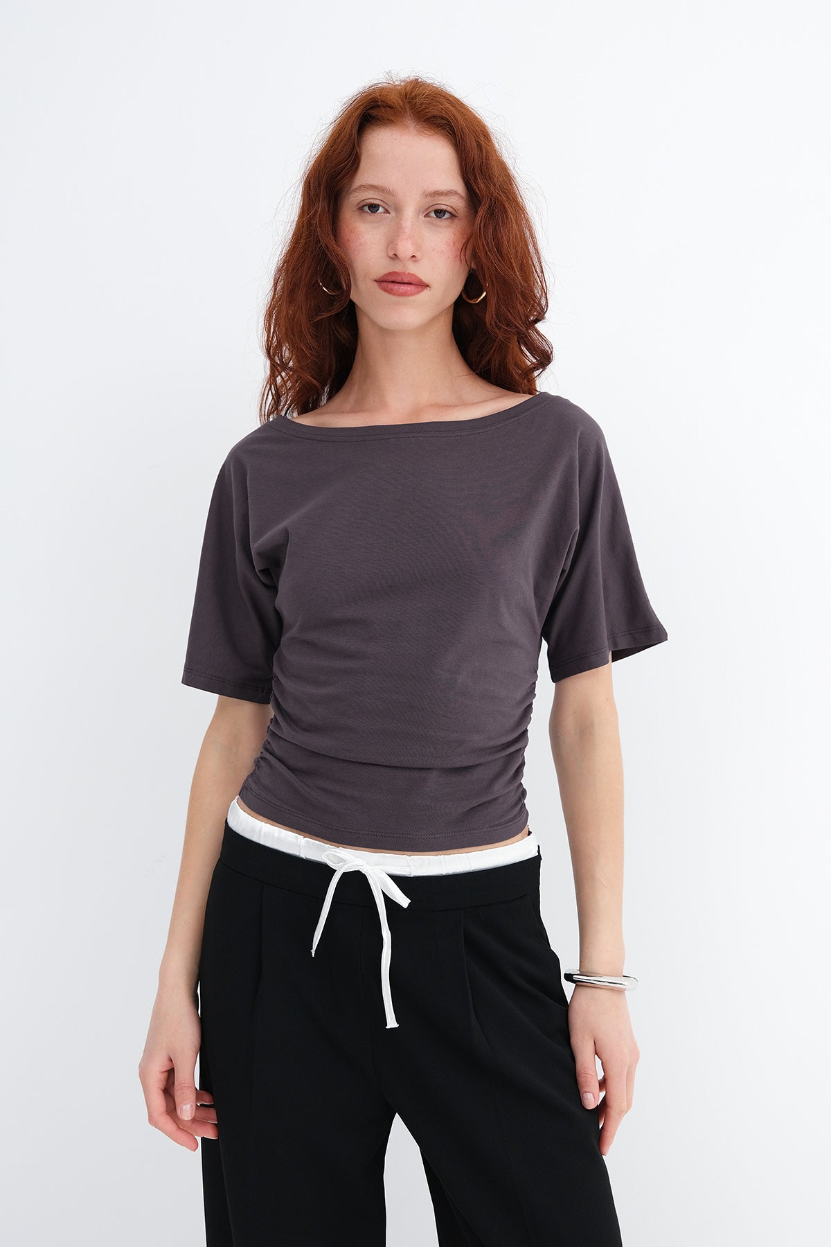 Soft-Brown_Side-Gathered-T-shirt-addax