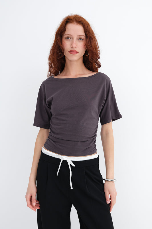 Soft-Brown_Side-Gathered-T-shirt-addax
