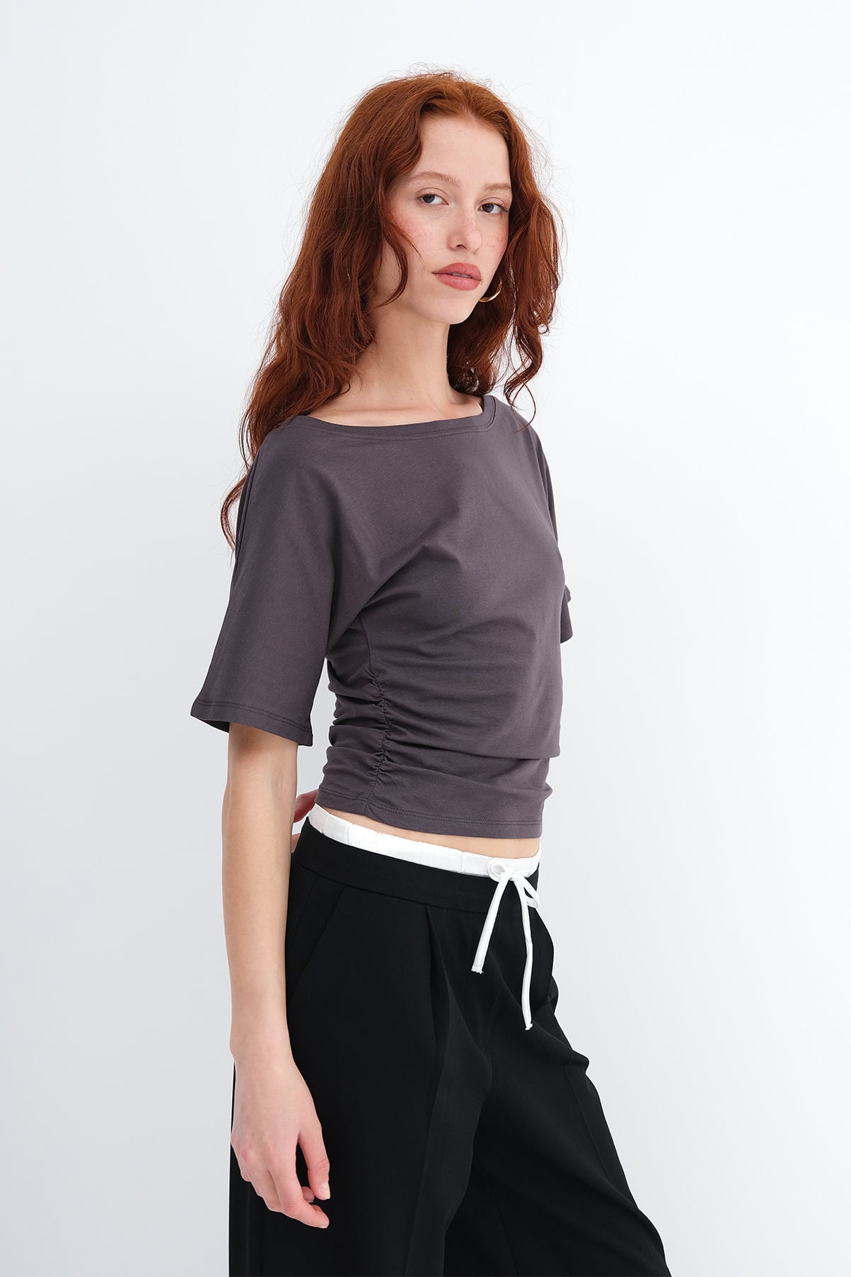 Soft-Brown_Side-Gathered-T-shirt-addax
