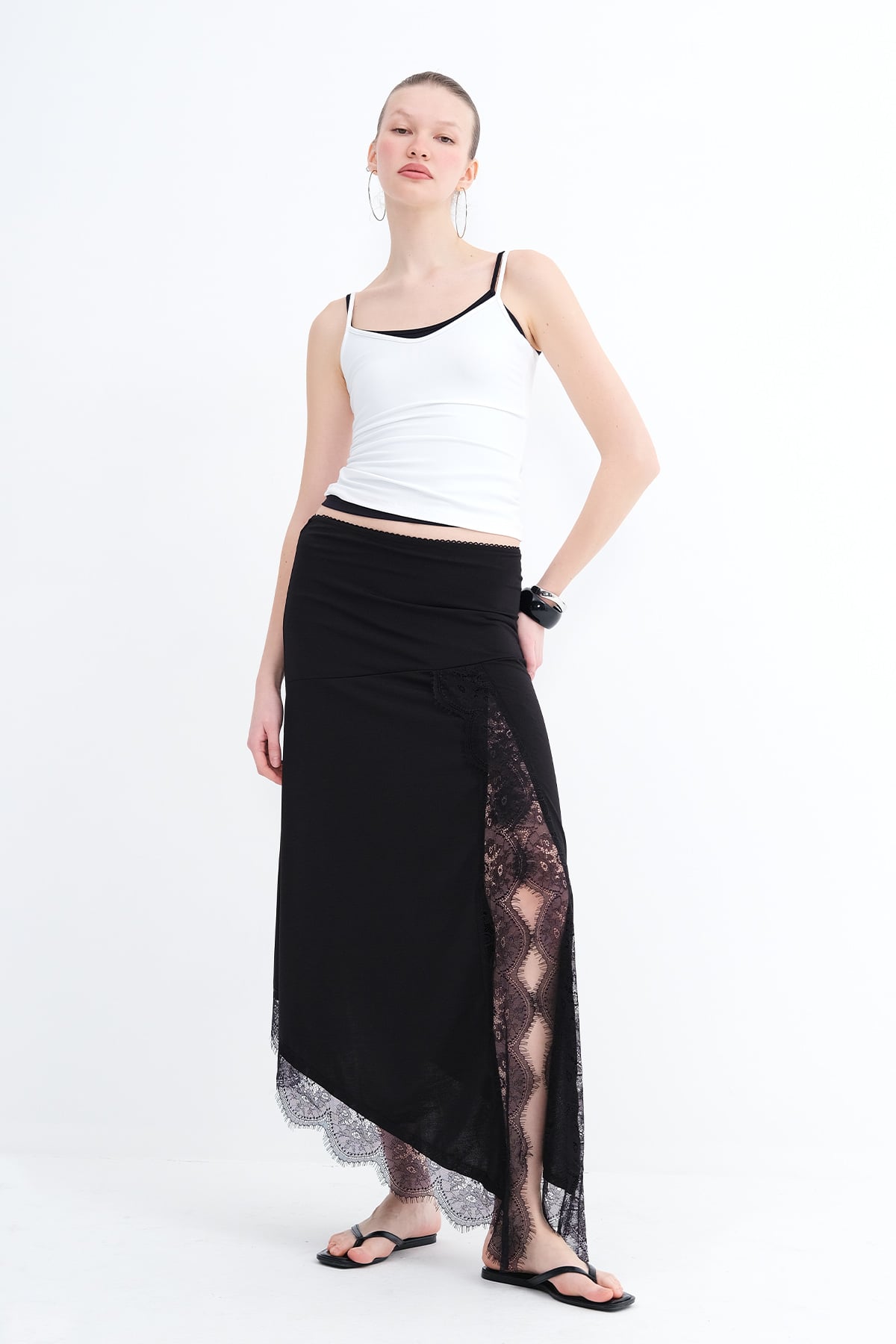 Asymmetric Cut Lace Detail Skirt