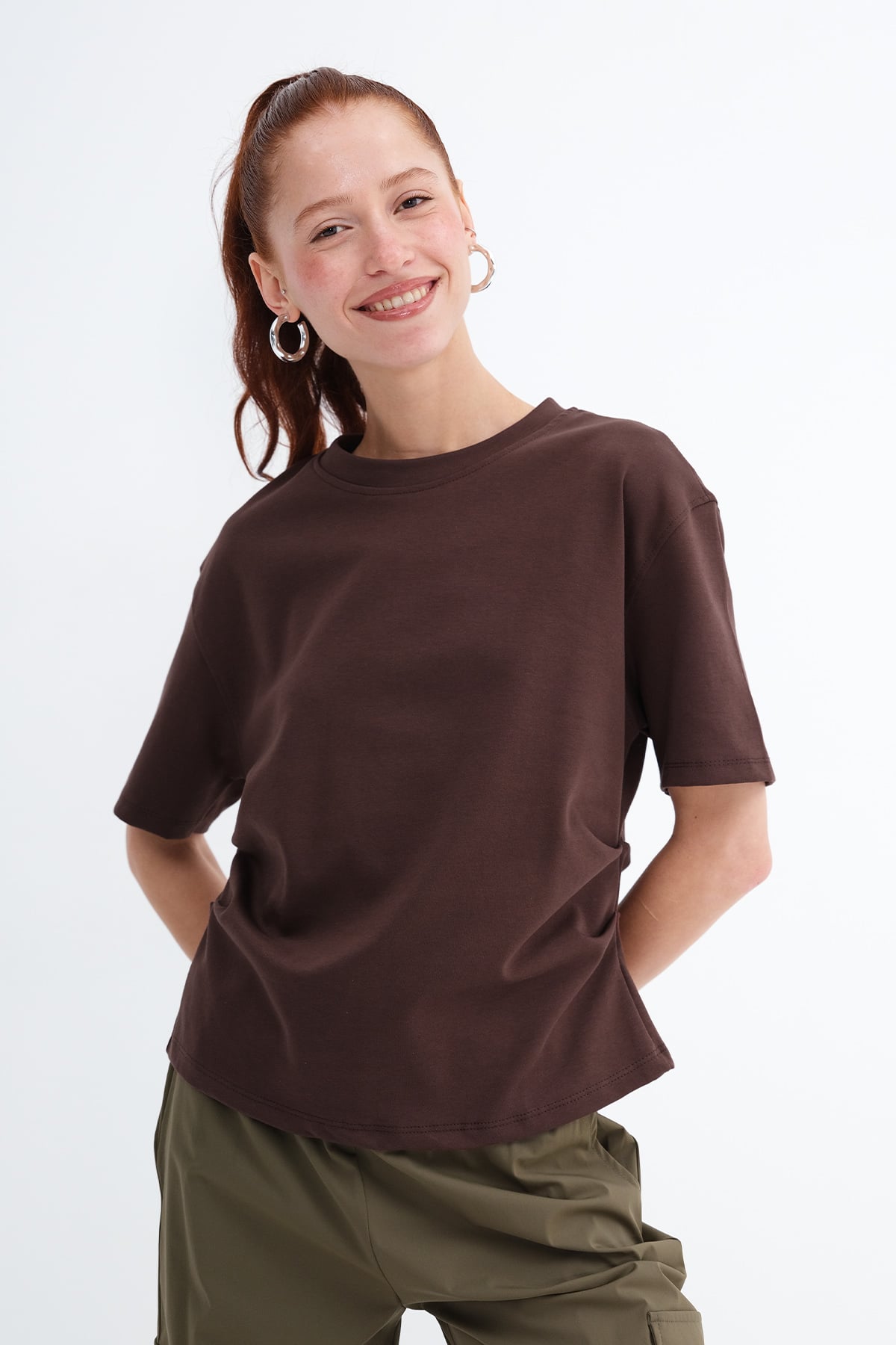 Brown_Side-Ruched-T-Shirt-addax