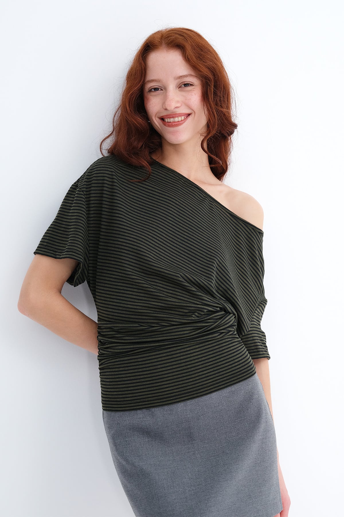 Khaki---Black_Side-Ruched-Striped-T-shirt-addax