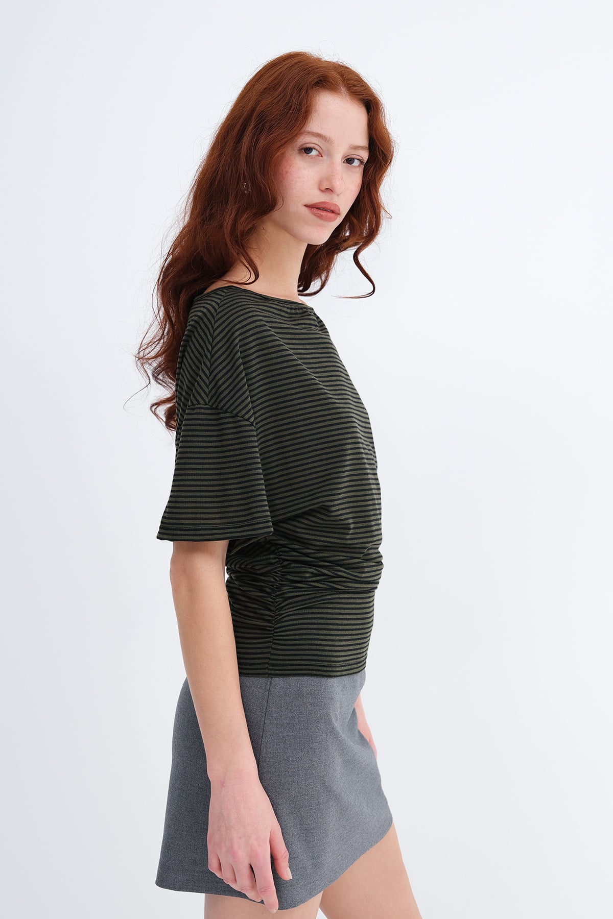 Khaki---Black_Side-Ruched-Striped-T-shirt-addax
