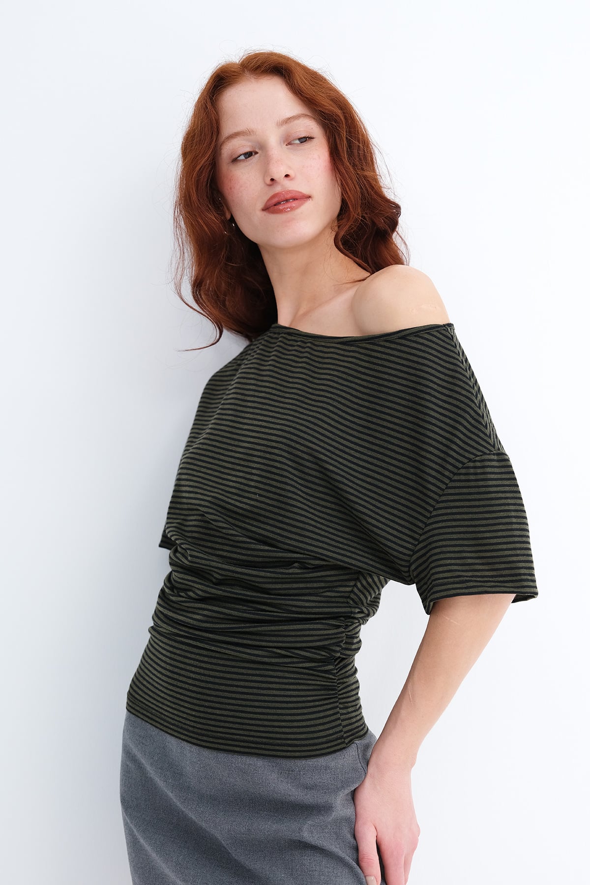 Khaki---Black_Side-Ruched-Striped-T-shirt-addax