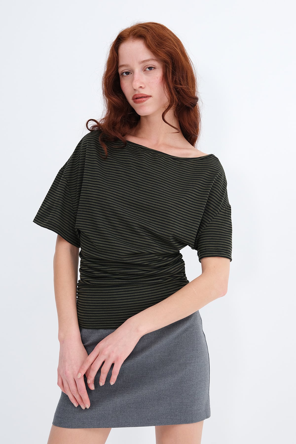 Khaki---Black_Side-Ruched-Striped-T-shirt-addax