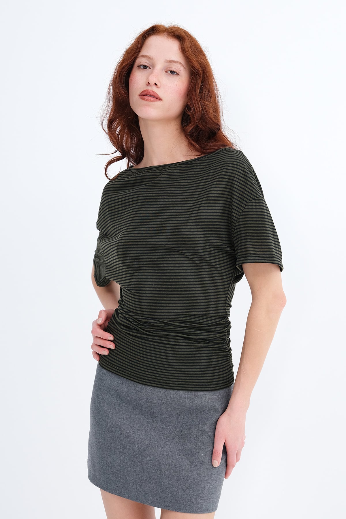 Khaki---Black_Side-Ruched-Striped-T-shirt-addax
