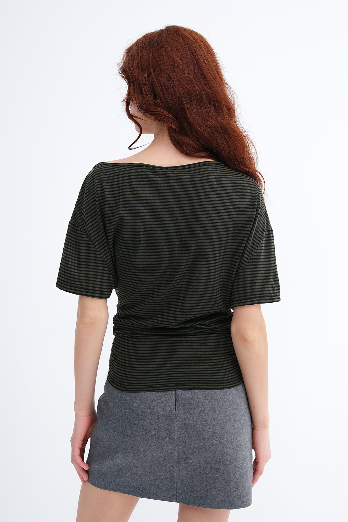 Khaki---Black_Side-Ruched-Striped-T-shirt-addax