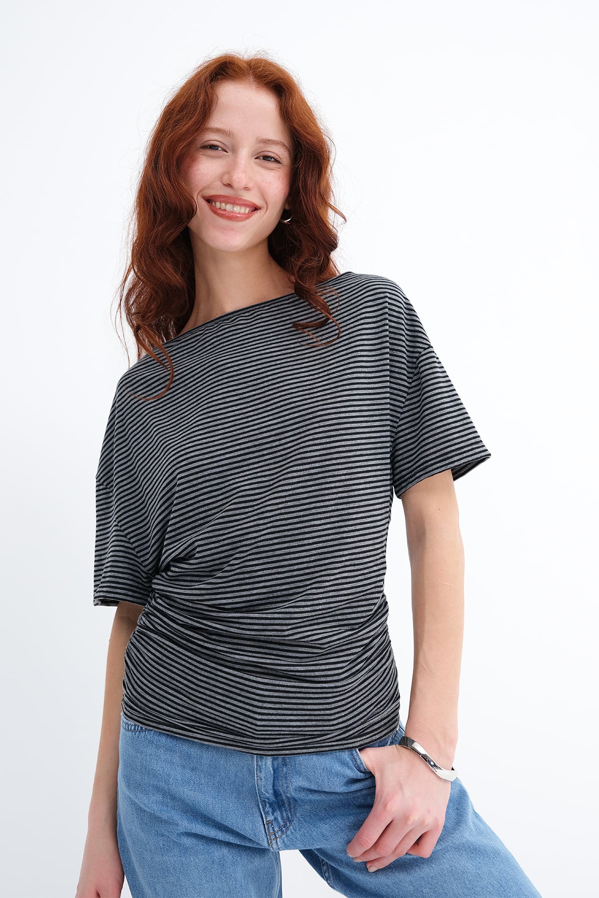 Grey---Black_Side-Ruched-Striped-T-shirt-addax