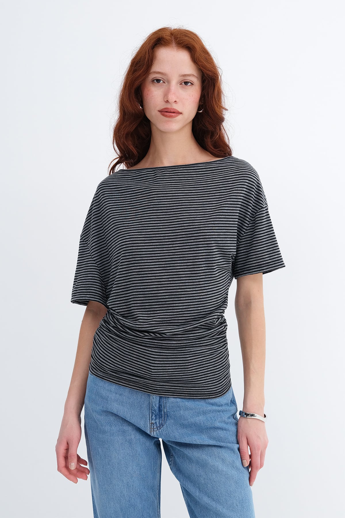 Grey---Black_Side-Ruched-Striped-T-shirt-addax