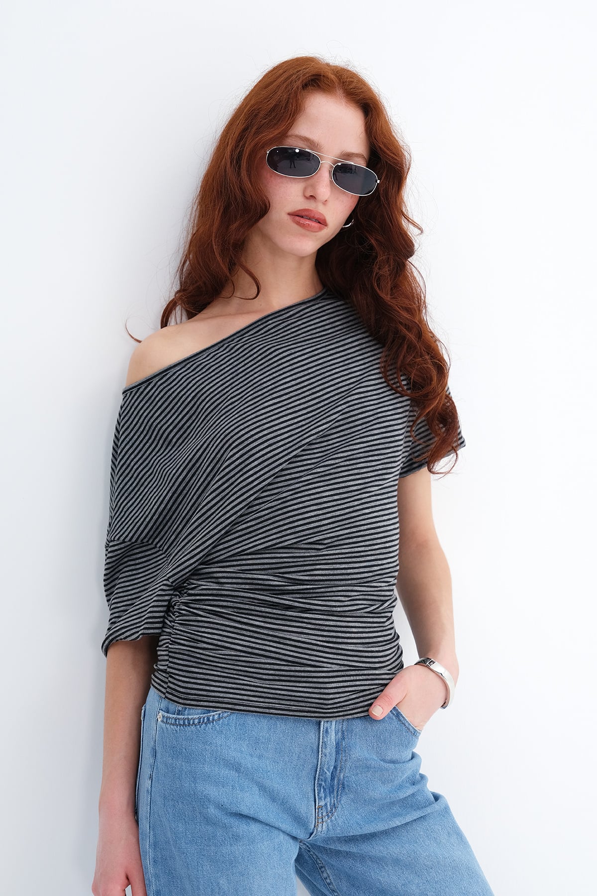 Grey---Black_Side-Ruched-Striped-T-shirt-addax