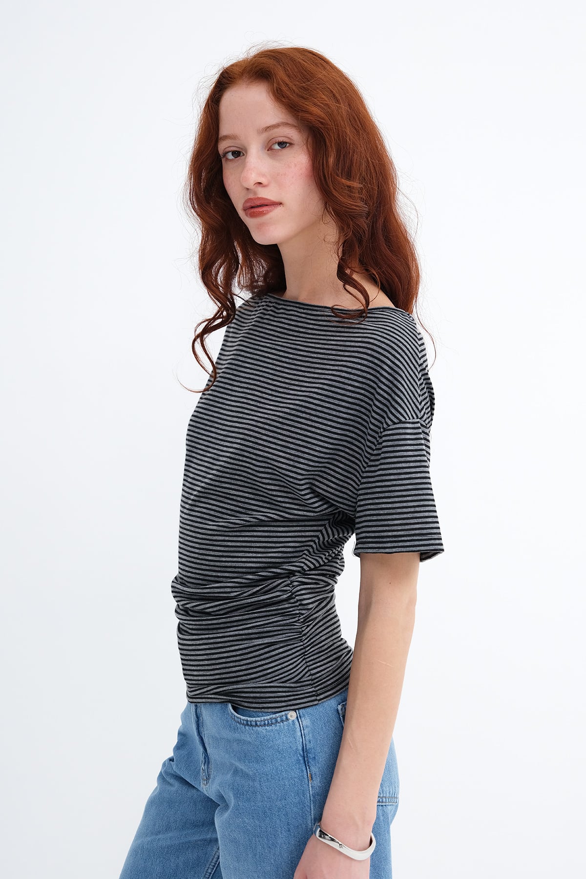 Grey---Black_Side-Ruched-Striped-T-shirt-addax