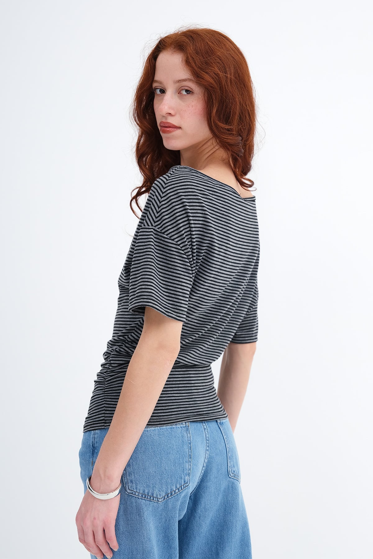 Grey---Black_Side-Ruched-Striped-T-shirt-addax