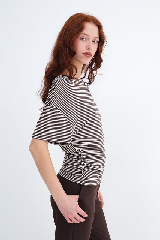 Brown---Ecru_Side-Ruched-Striped-T-shirt-addax