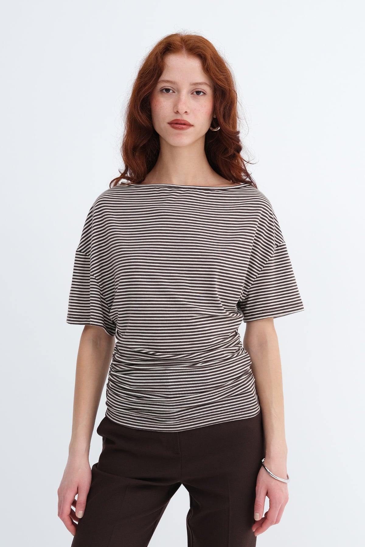 Brown---Ecru_Side-Ruched-Striped-T-shirt-addax