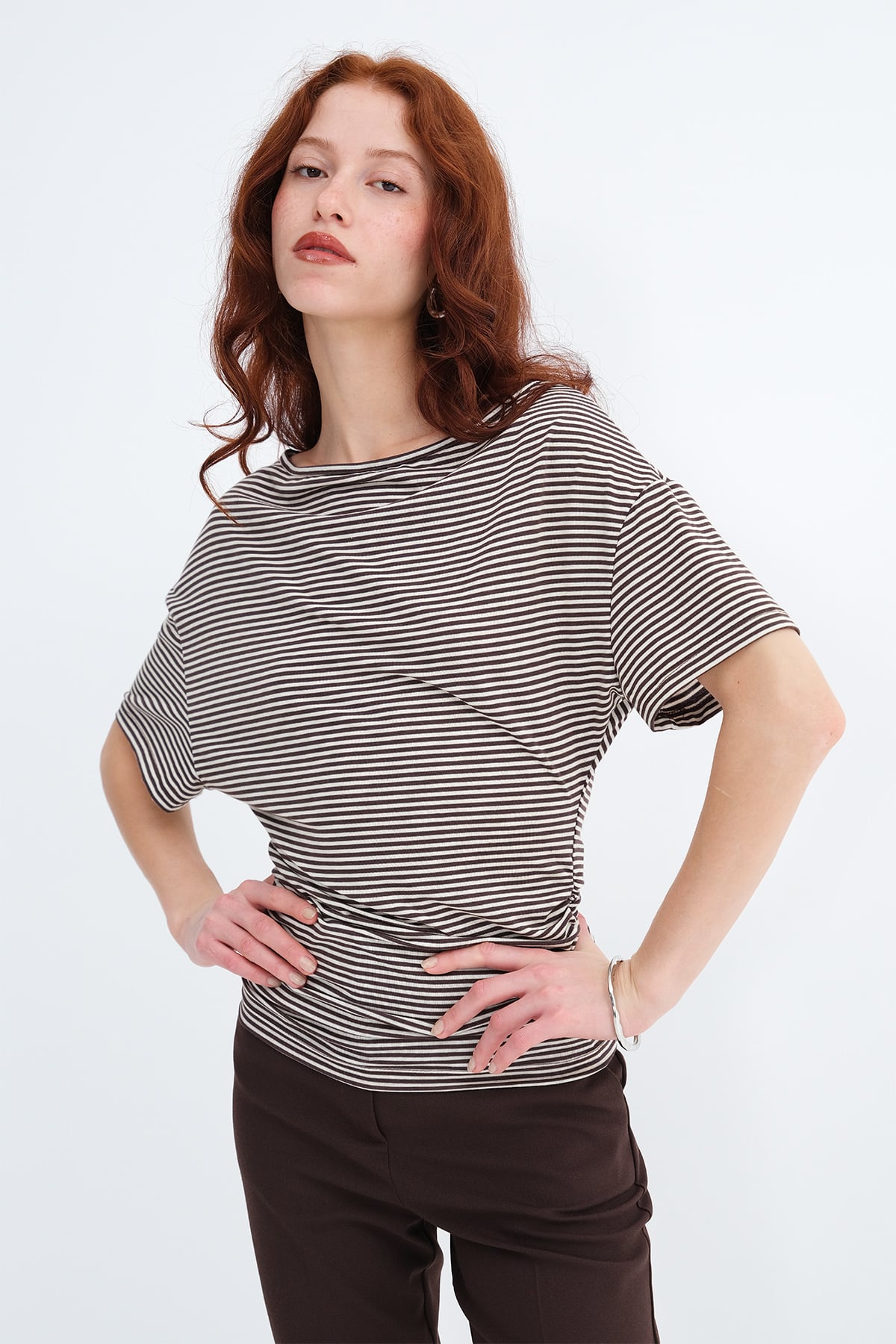 Brown---Ecru_Side-Ruched-Striped-T-shirt-addax