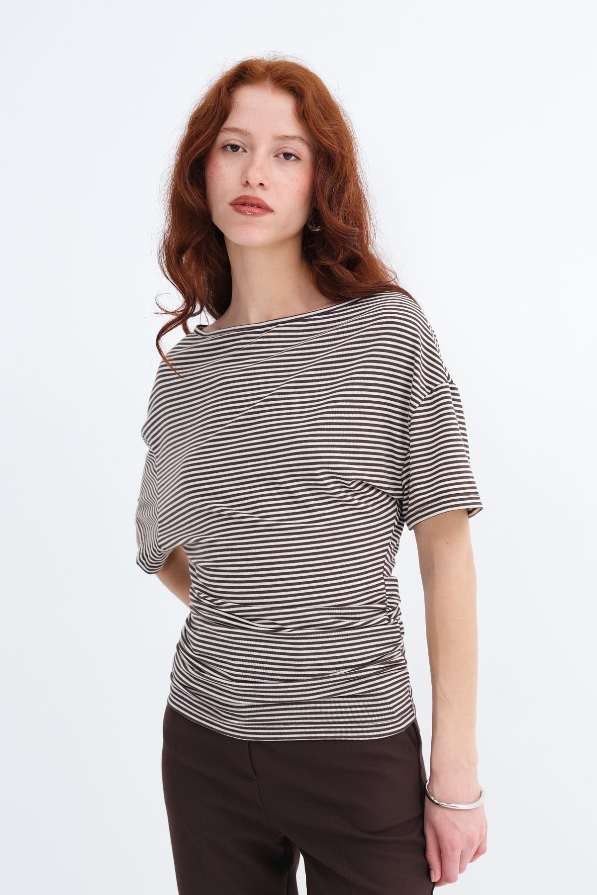 Brown---Ecru_Side-Ruched-Striped-T-shirt-addax