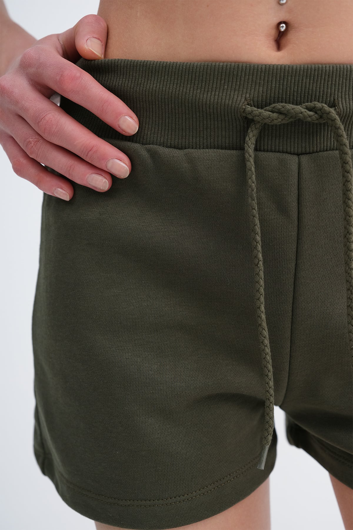 Oil-Green_Elastic-Waist-Shorts-addax