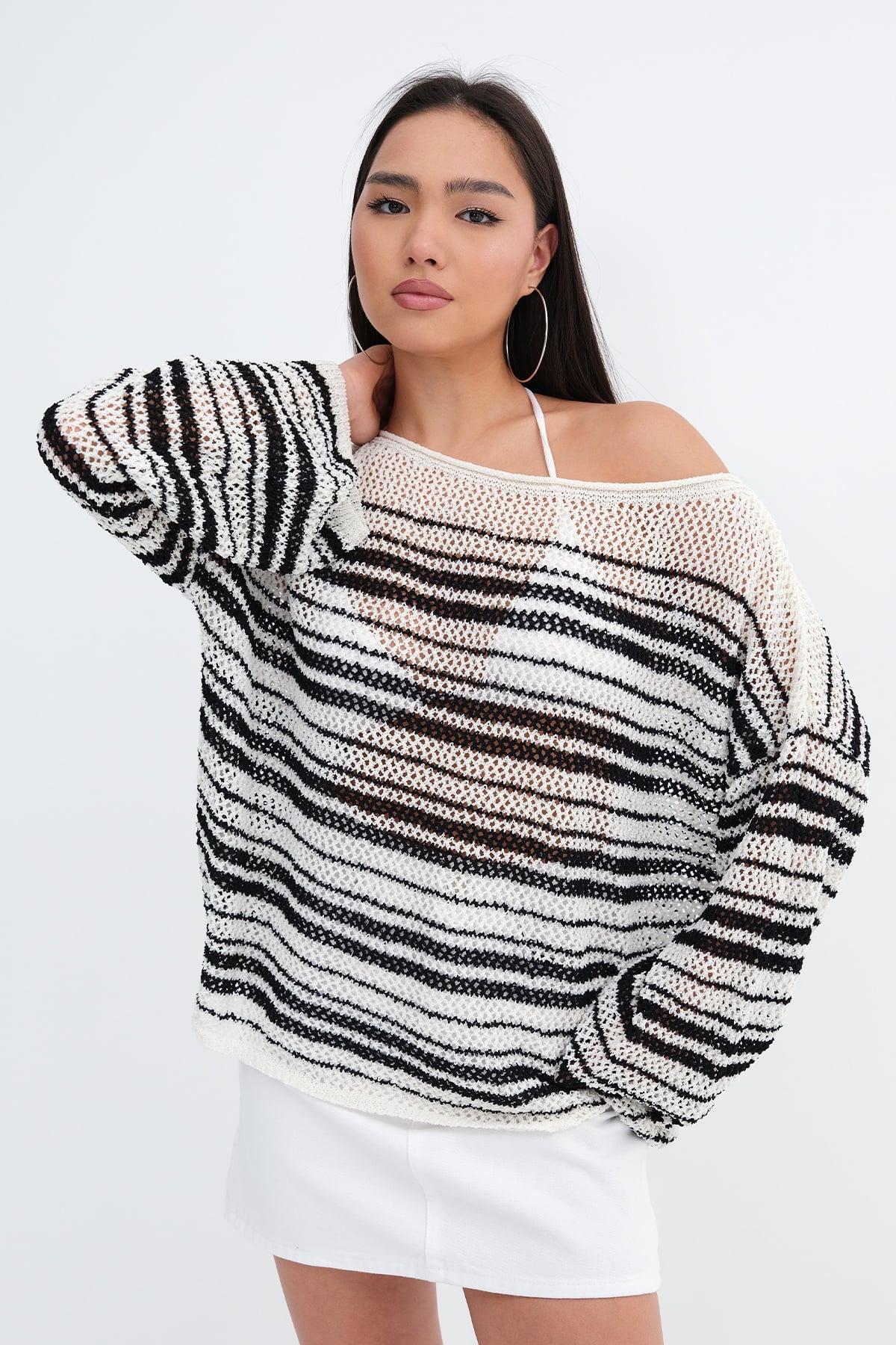 Boat Neck Striped Knit Top