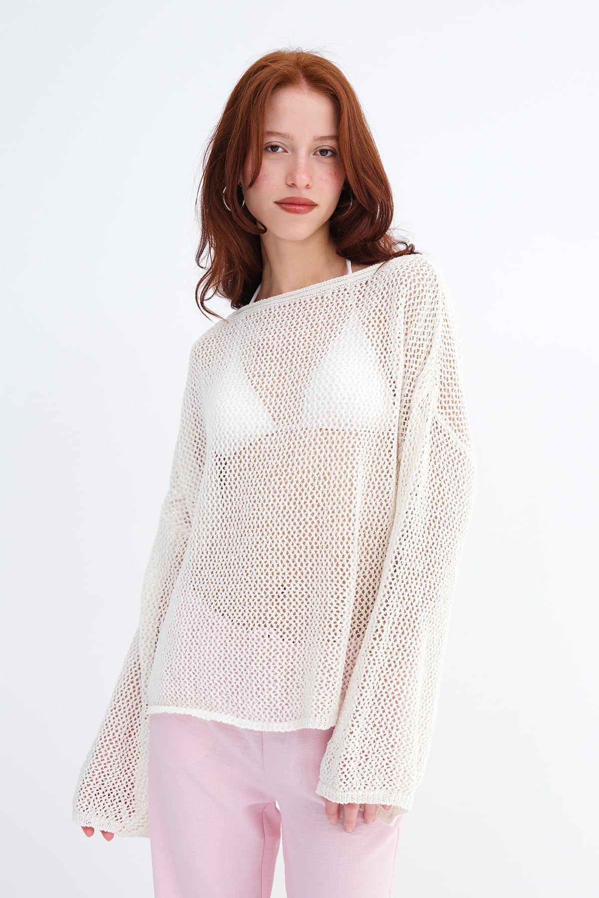 Boat Neck Openwork Knit Sweater