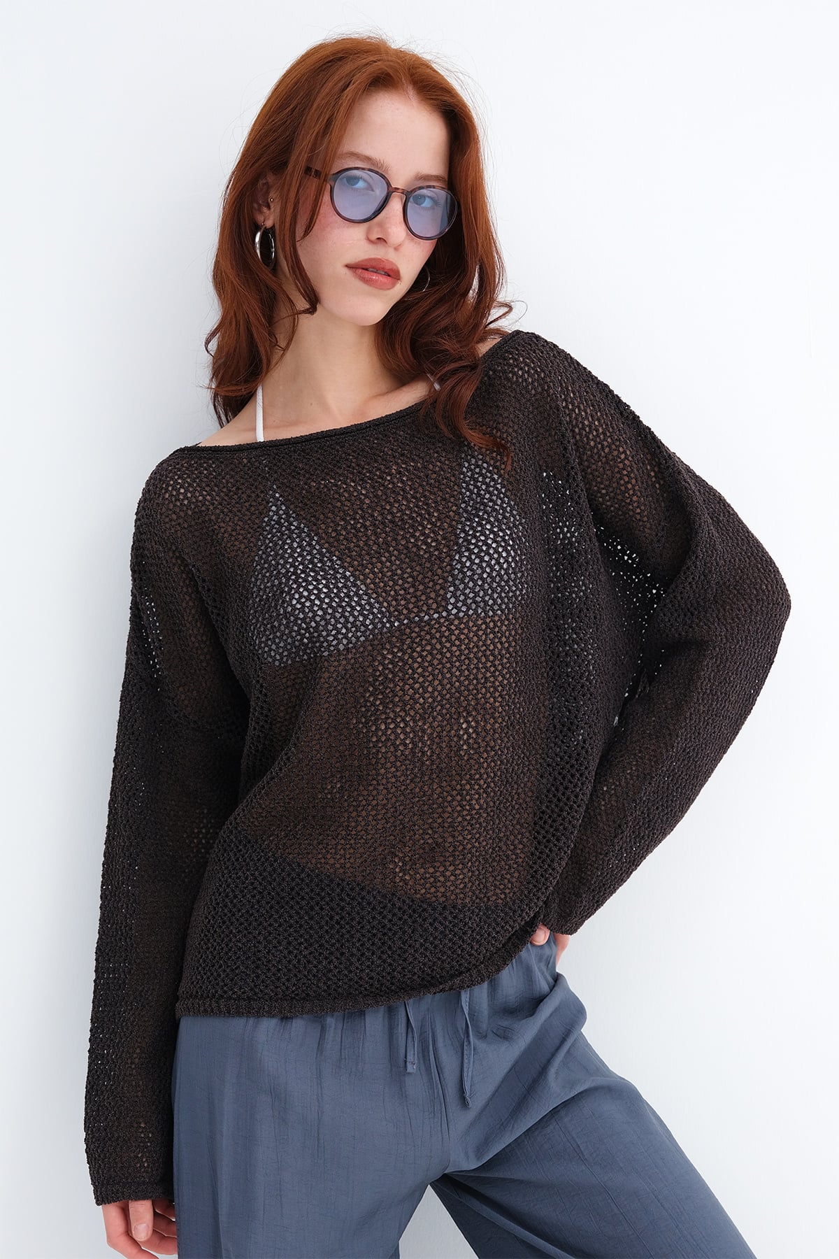 Boat Neck Openwork Knit Sweater