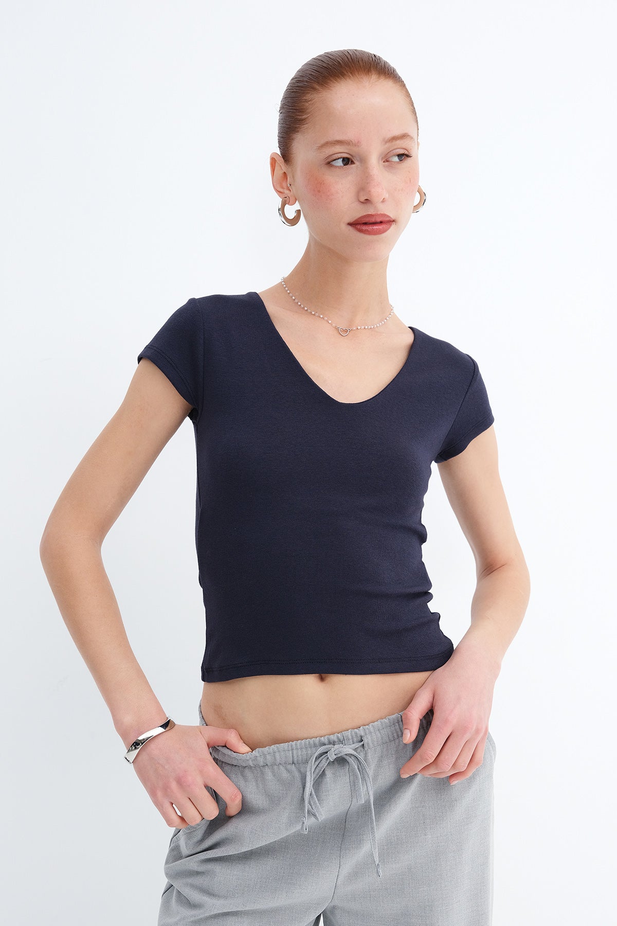 Dark-Night-Blue_V-Neck-Modal-T-shirt-addax