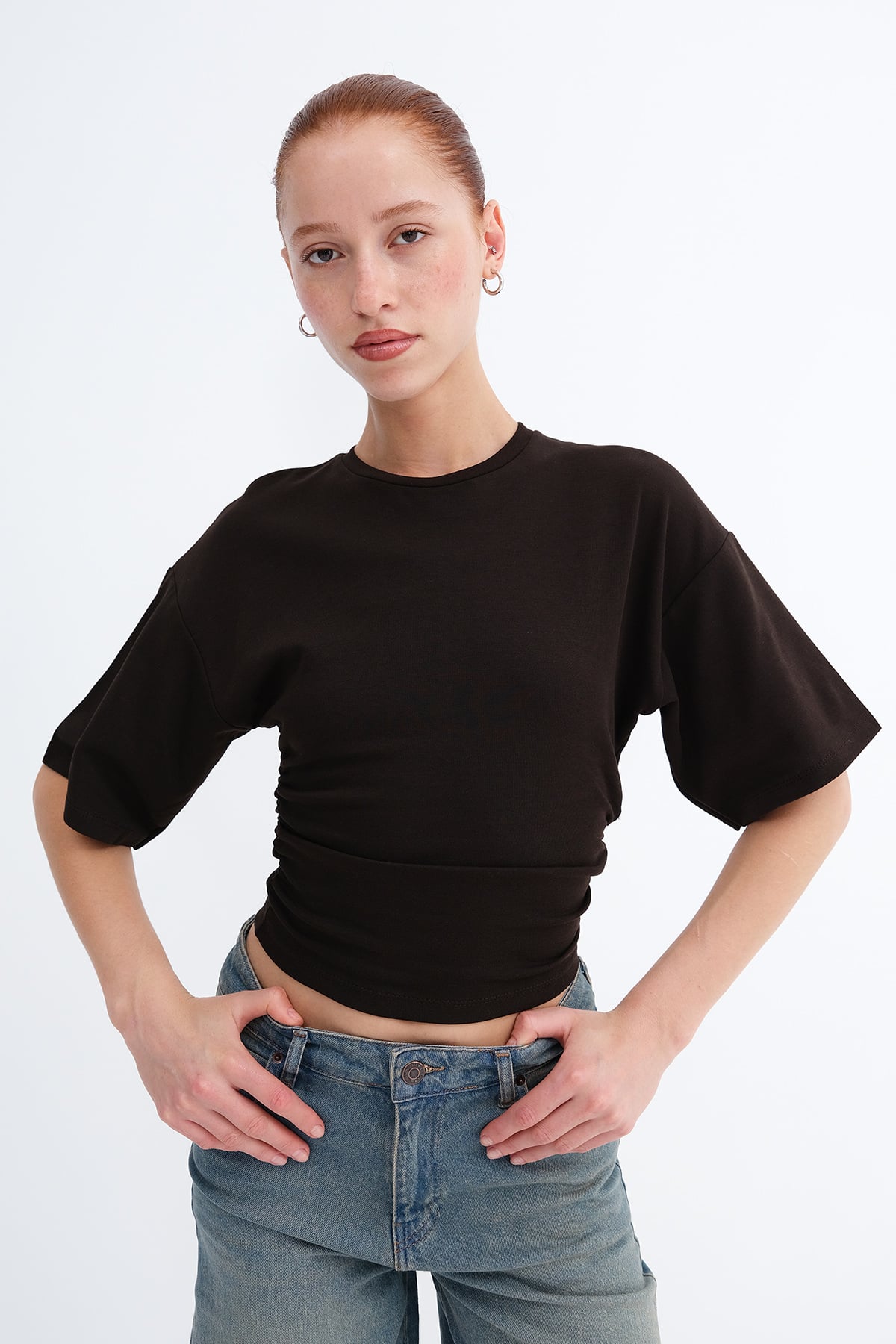 Brown_Side-Gathered-T-shirt-addax