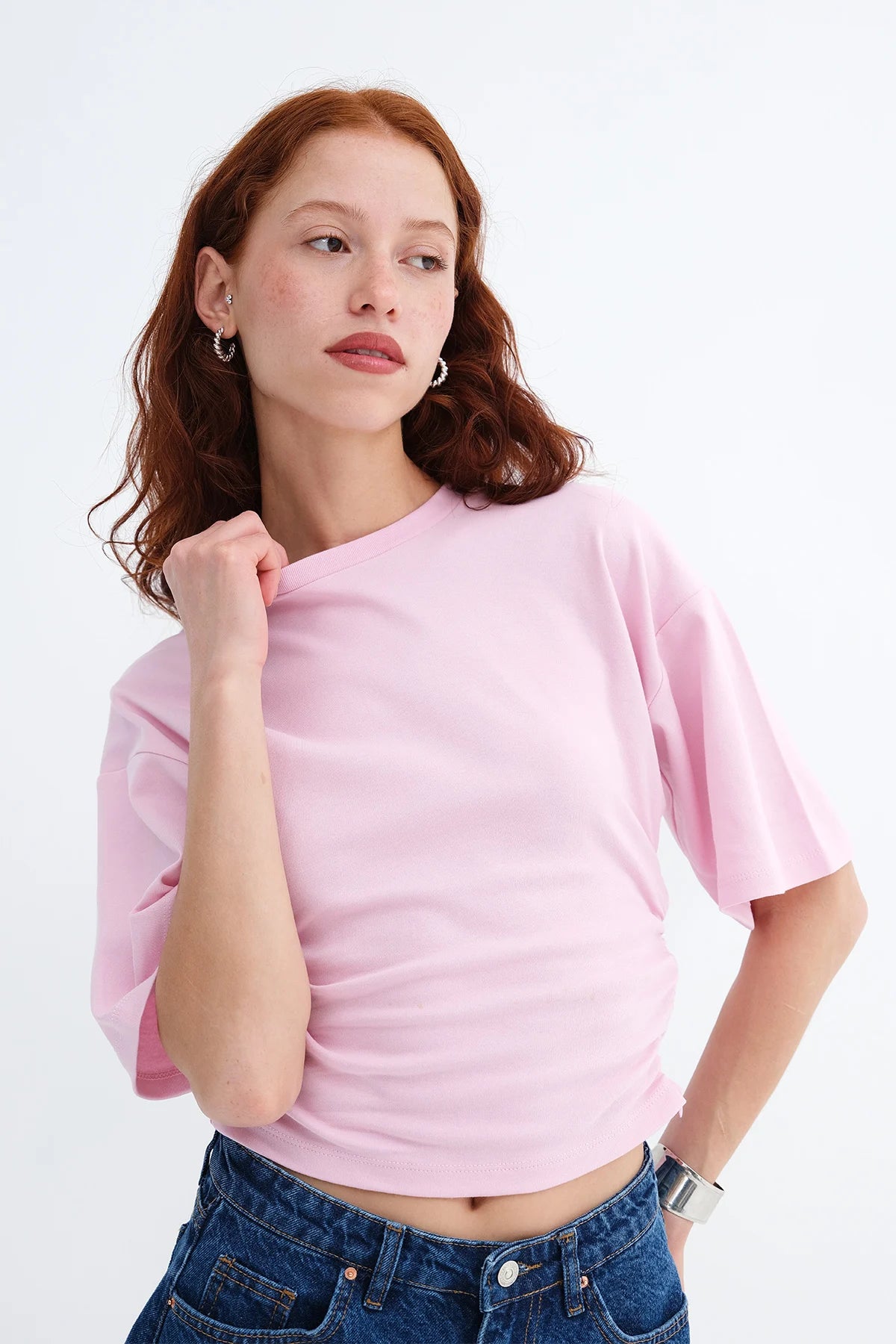 Light-Pink_Side-Gathered-T-shirt-addax