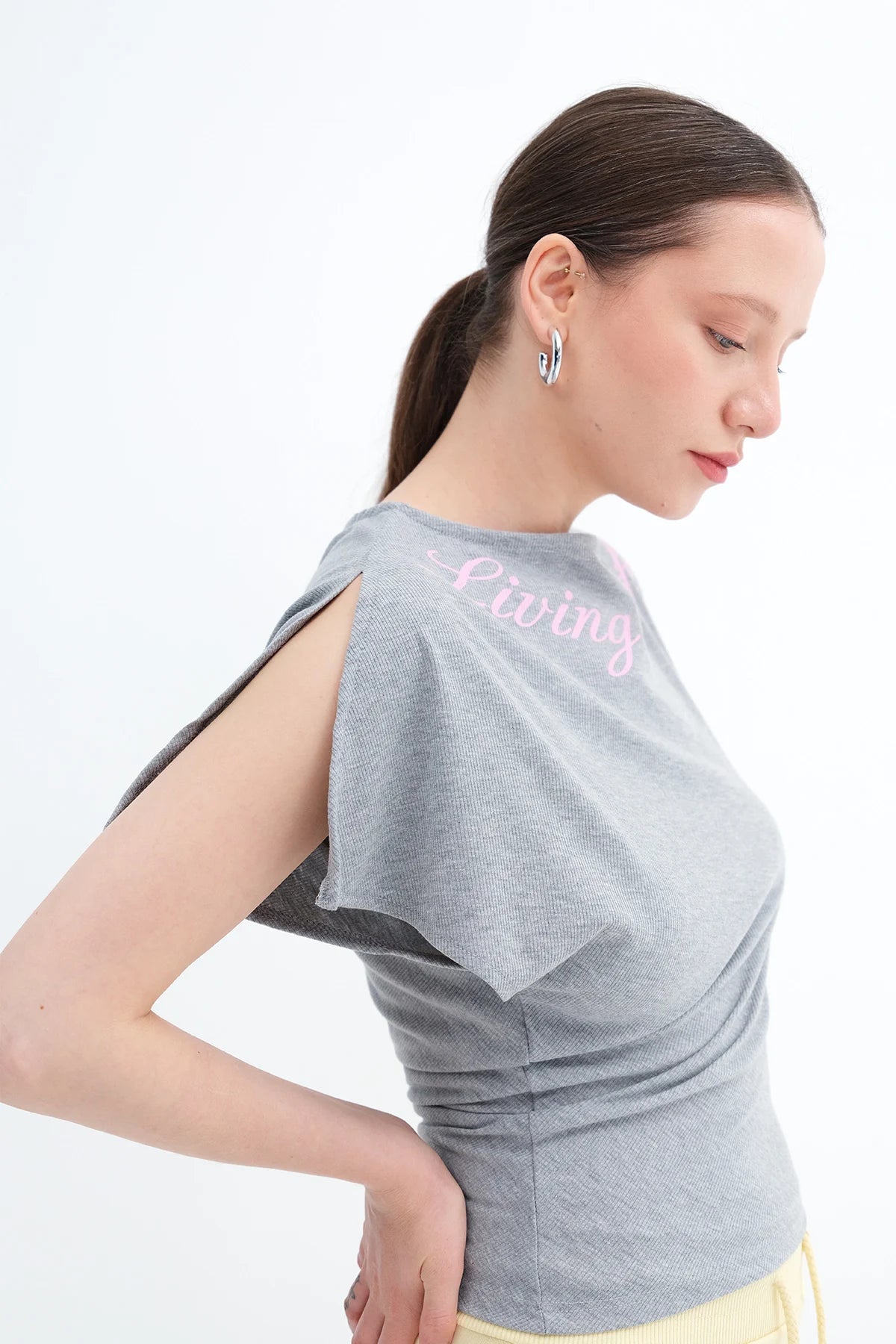 Grey-Melange_Asymmetrical-Cut- Printed-T-shirt-addax