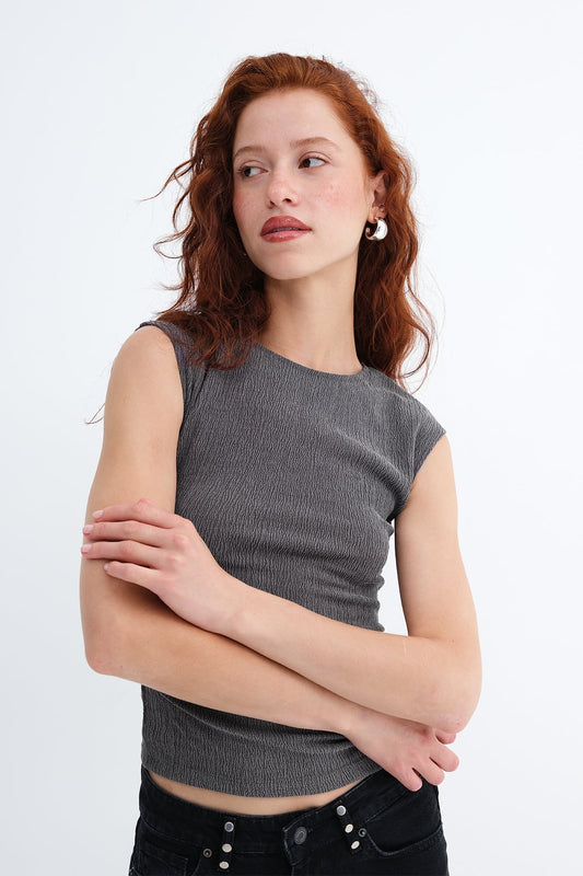 Charcoal_Crew-Neck-Side-Ruched-Blouse-addax