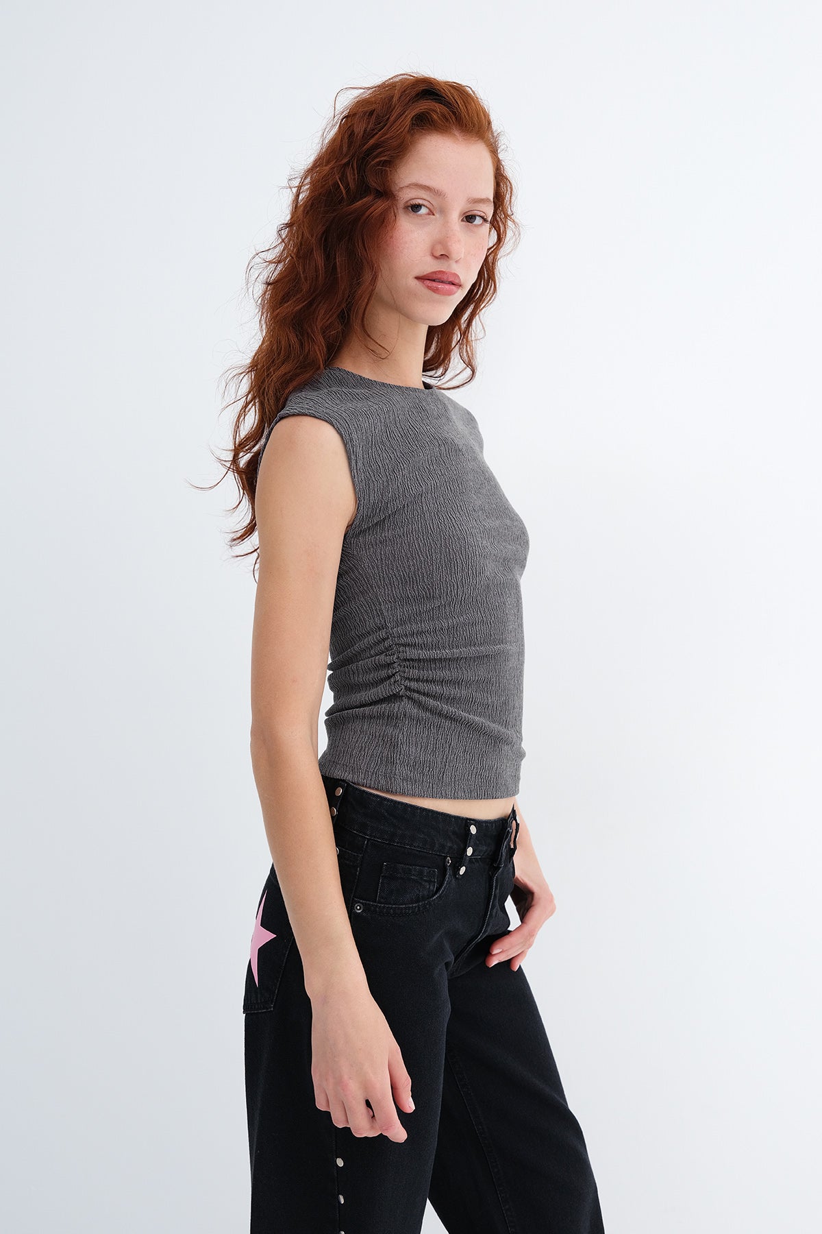 Charcoal_Crew-Neck-Side-Ruched-Blouse-addax