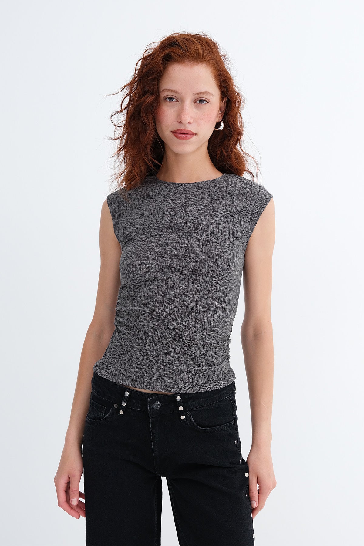 Charcoal_Crew-Neck-Side-Ruched-Blouse-addax