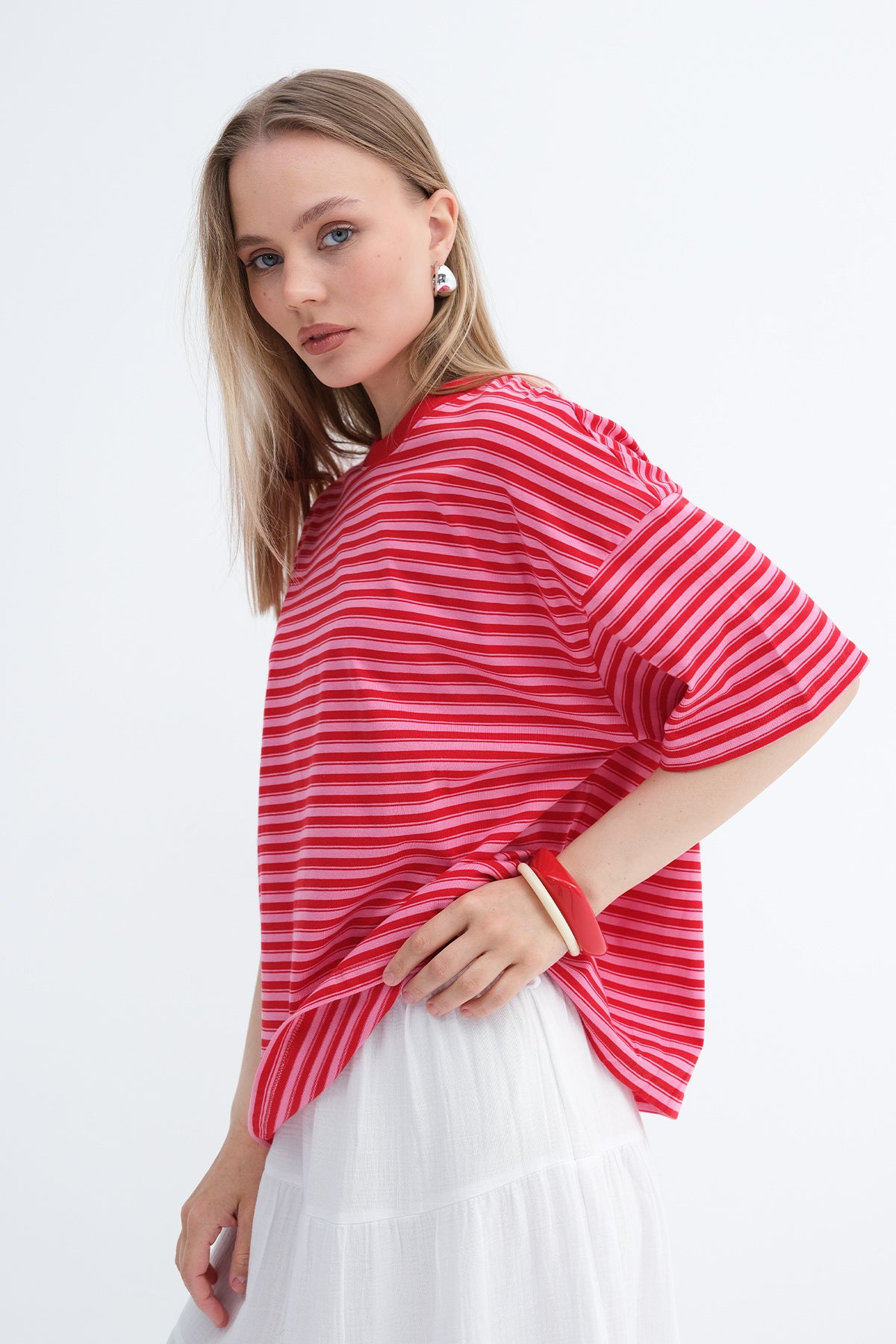 Red---Pink_Crew-Neck-Striped-T-shirt-addax