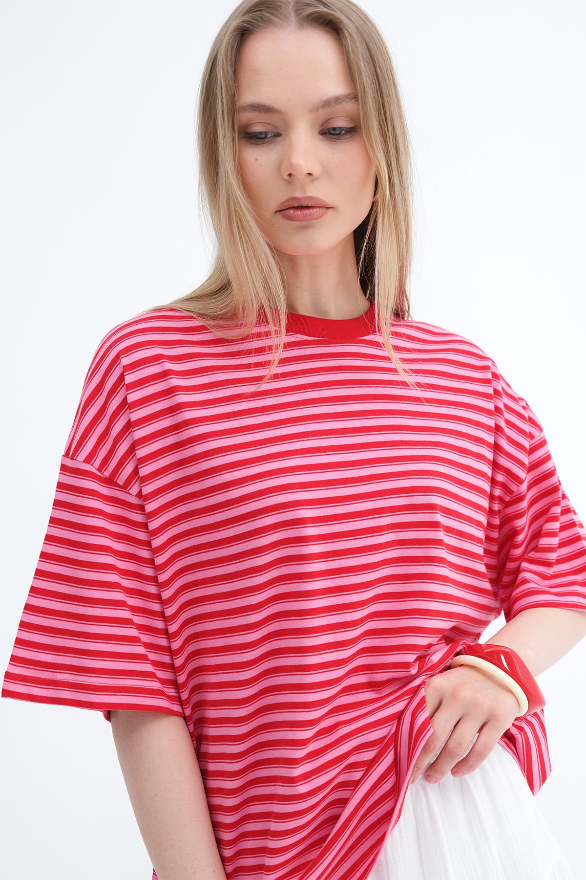 Red---Pink_Crew-Neck-Striped-T-shirt-addax
