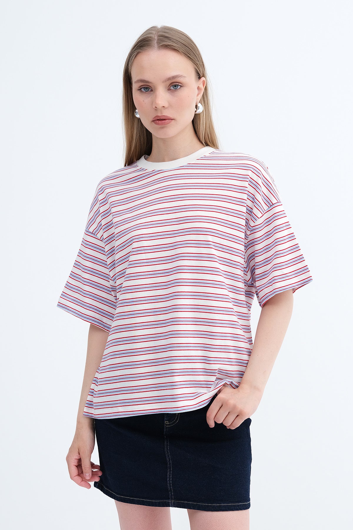 Ecru---Red_Crew-Neck-Striped-T-shirt-addax