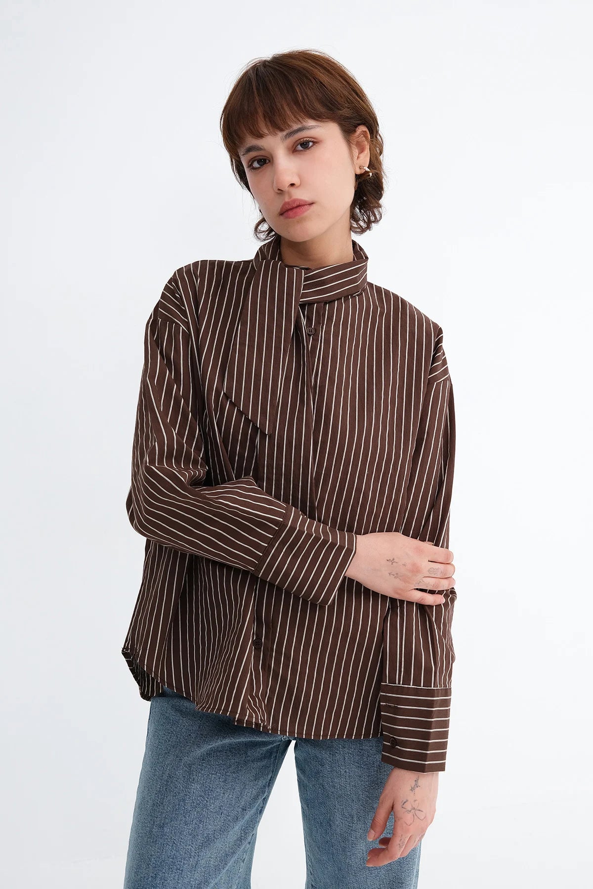 Brown_Striped-Shirt-with-Scarf-Detail-addax