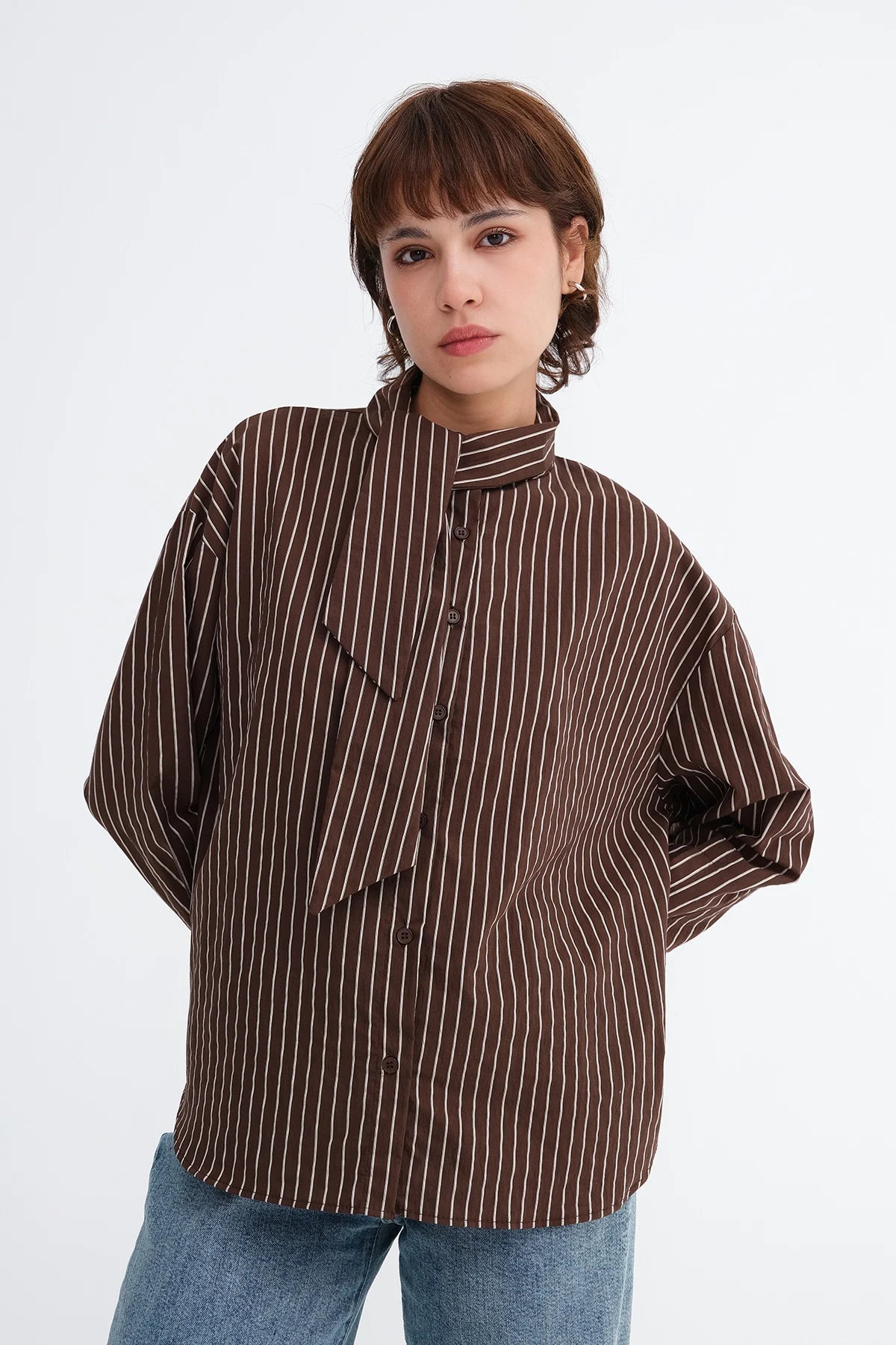 Brown_Striped-Shirt-with-Scarf-Detail-addax