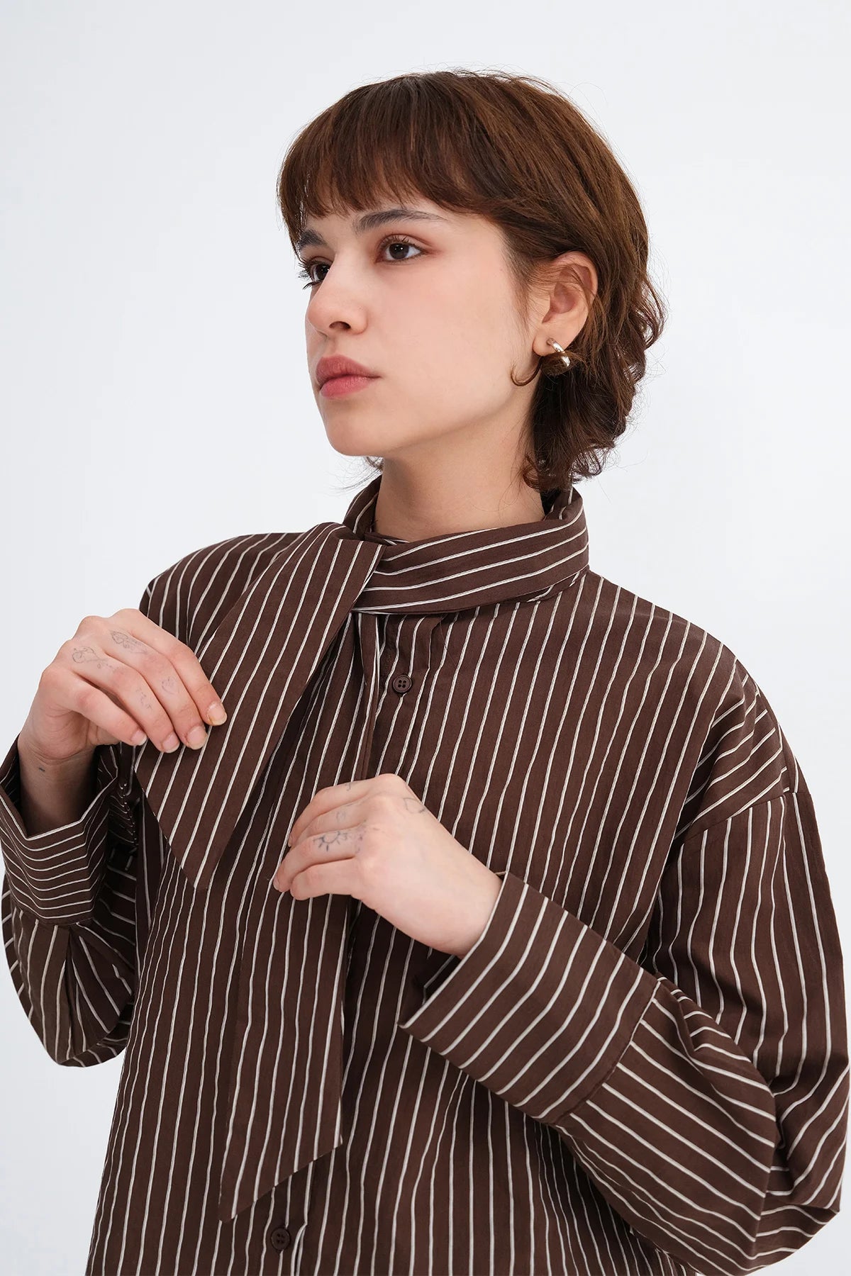 Brown_Striped-Shirt-with-Scarf-Detail-addax