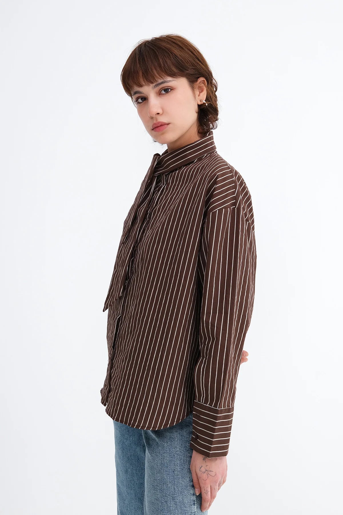 Brown_Striped-Shirt-with-Scarf-Detail-addax