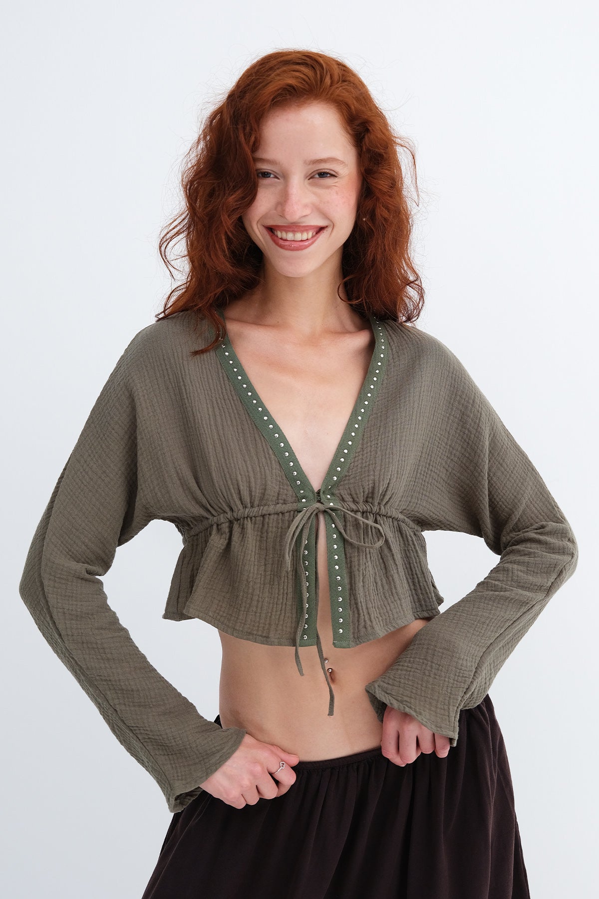 Khaki_Tie-Front-Long-Sleeve-Blouse-addax