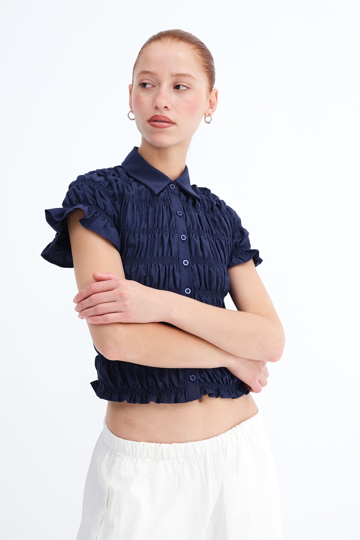 Dark-Night-Blue_Shirred-Detail-Short-Sleeve-Shirt-addax