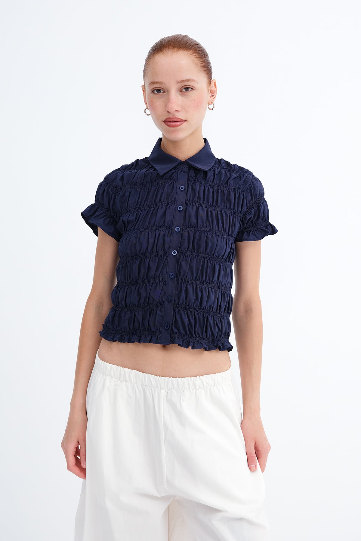 Dark-Night-Blue_Shirred-Detail-Short-Sleeve-Shirt-addax