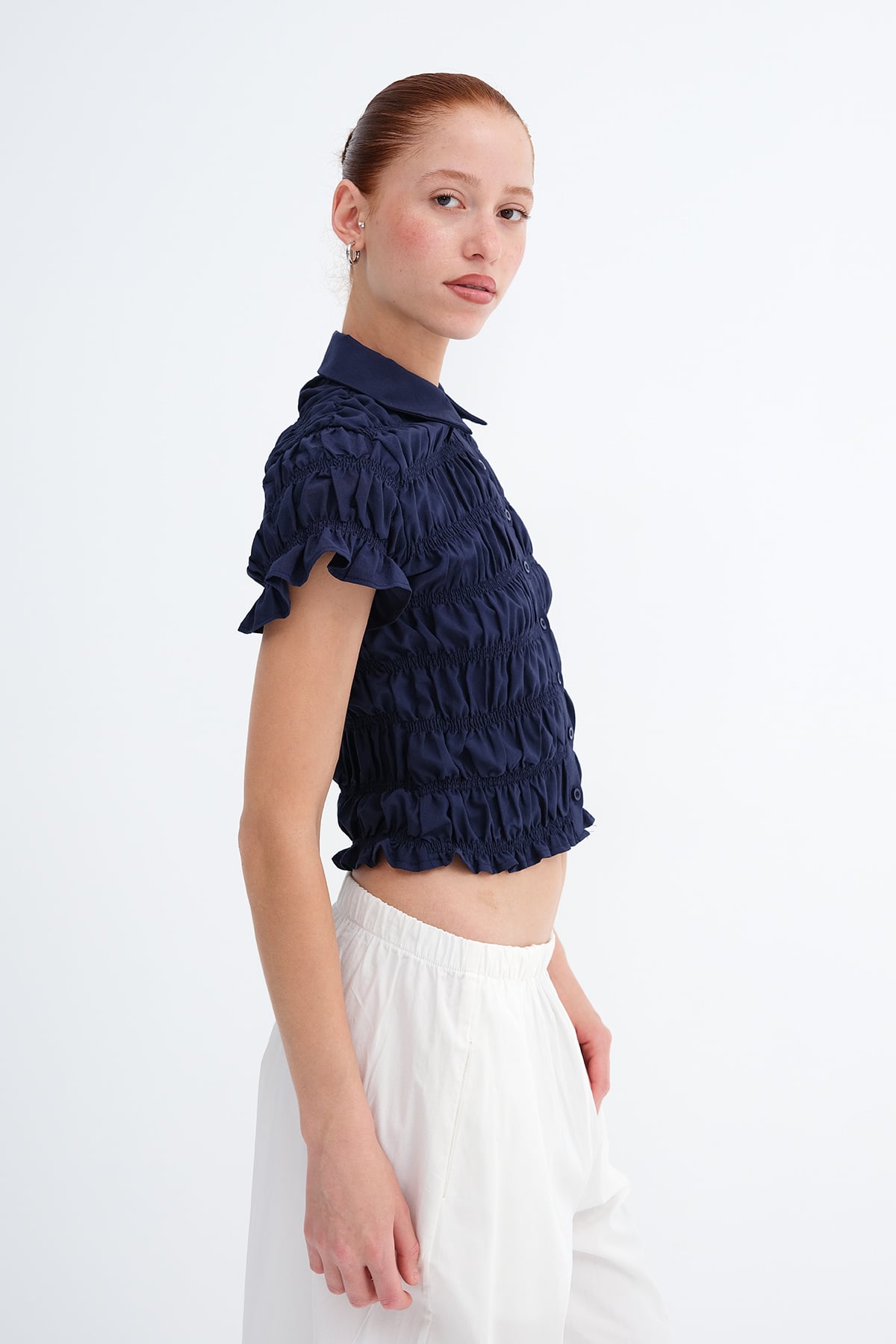 Dark-Night-Blue_Shirred-Detail-Short-Sleeve-Shirt-addax